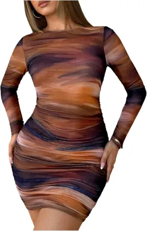 Milumia Women's Tie Dye Ruched Round Neck Long Sleeve Dress Bodycon Mini Dresses