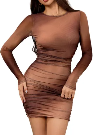 Milumia Women's Tie Dye Ruched Round Neck Long Sleeve Dress Bodycon Mini Dresses