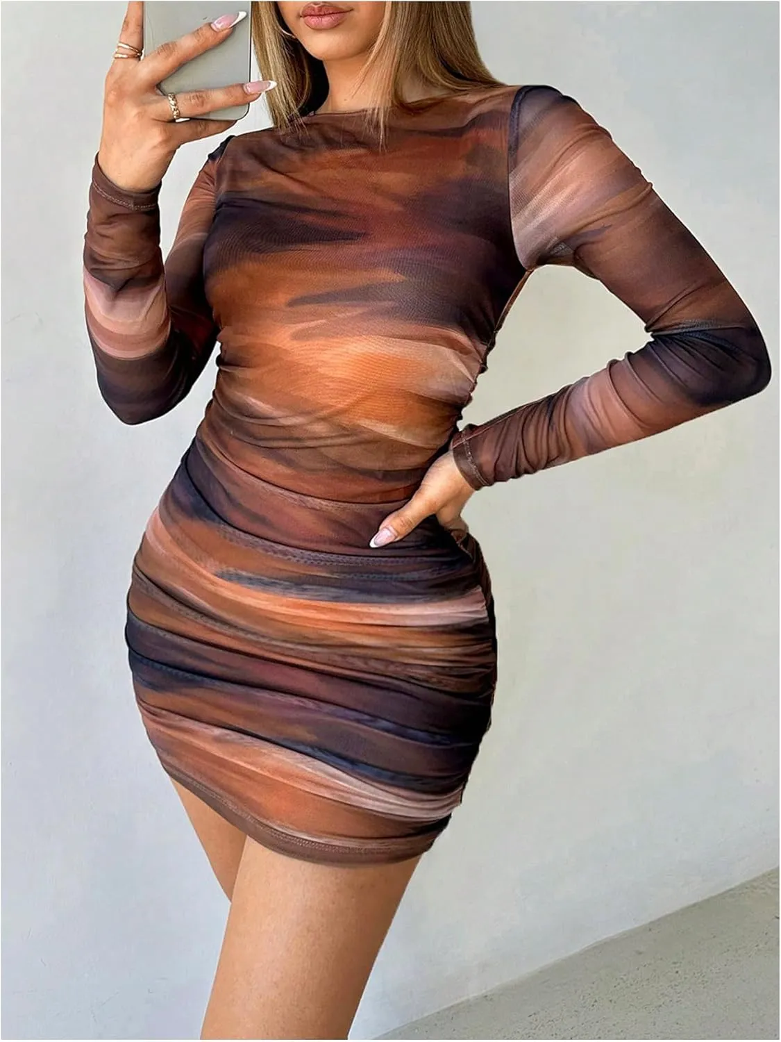 Milumia Women's Tie Dye Ruched Round Neck Long Sleeve Dress Bodycon Mini Dresses