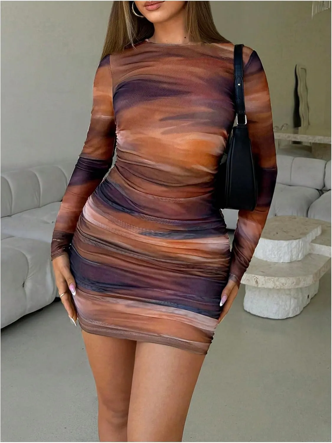 Milumia Women's Tie Dye Ruched Round Neck Long Sleeve Dress Bodycon Mini Dresses