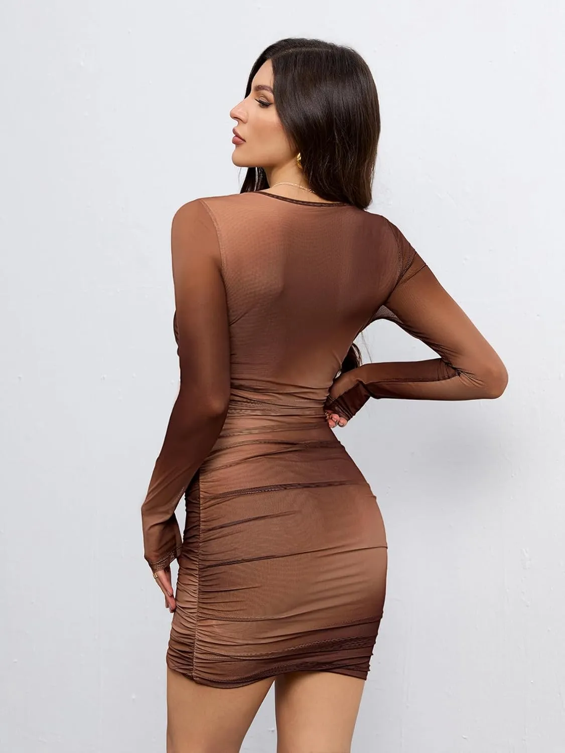 Milumia Women's Tie Dye Ruched Round Neck Long Sleeve Dress Bodycon Mini Dresses