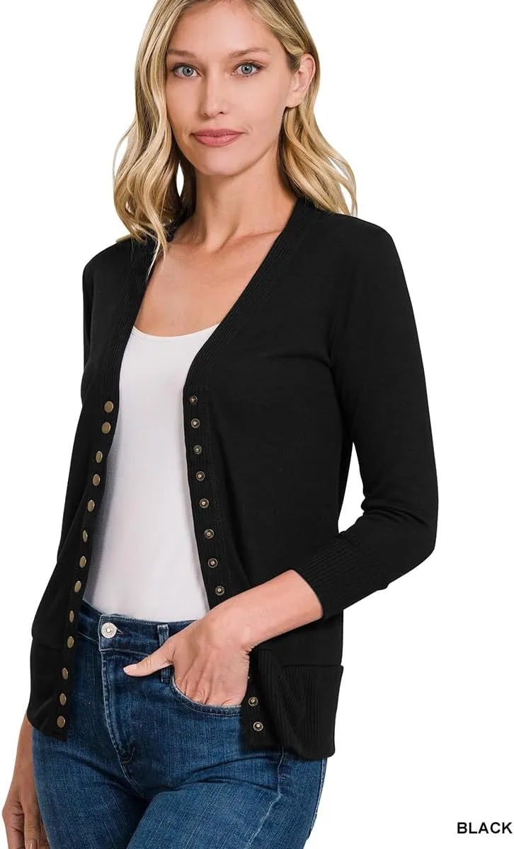 NE PEOPLE Womens Cardigan Sweater  Classic 3/4 Sleeve Snap Button Down Ribbed Hem Knit Lightweight Knitted Top