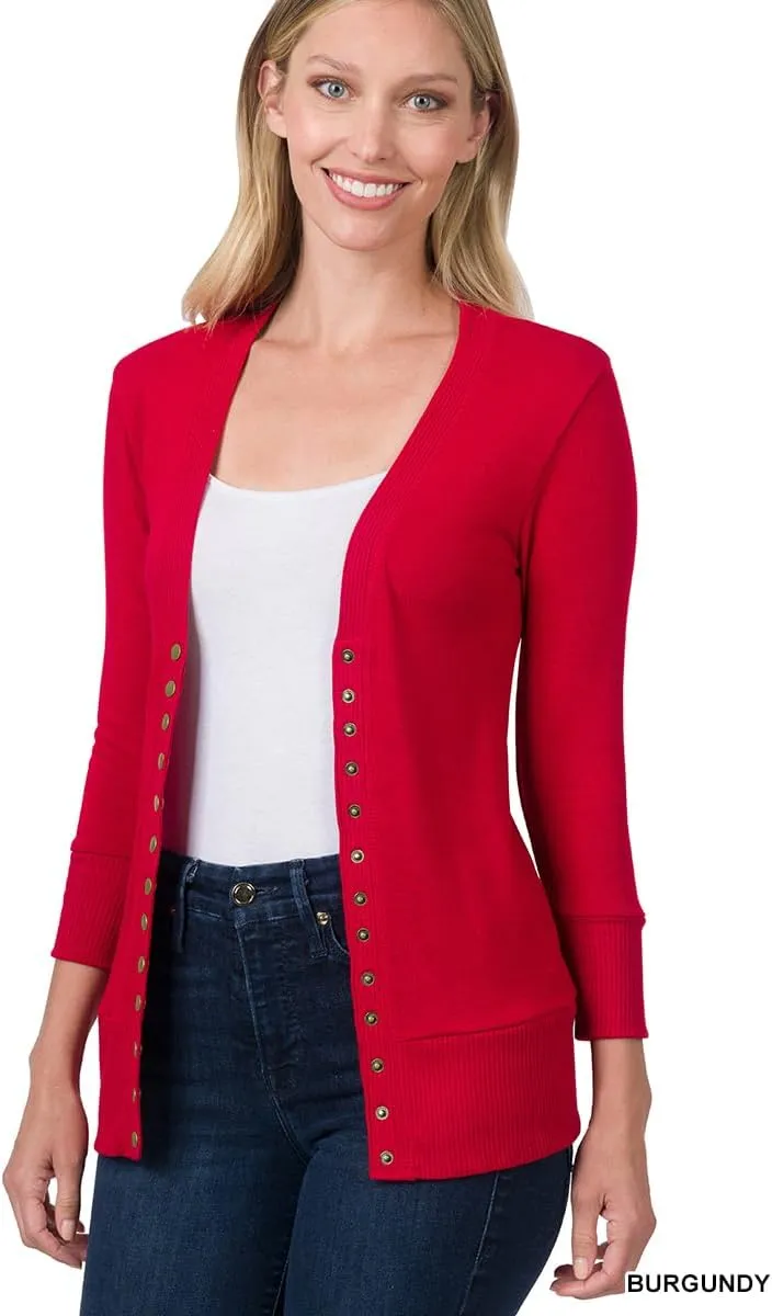 NE PEOPLE Womens Cardigan Sweater  Classic 3/4 Sleeve Snap Button Down Ribbed Hem Knit Lightweight Knitted Top