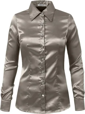 NE PEOPLE Womens Light Weight Long Cuff Sleeve Button Down Satin Shirt (S-3XL)