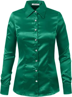 NE PEOPLE Womens Light Weight Long Cuff Sleeve Button Down Satin Shirt (S-3XL)