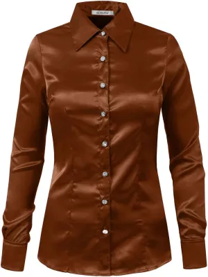 NE PEOPLE Womens Light Weight Long Cuff Sleeve Button Down Satin Shirt (S-3XL)