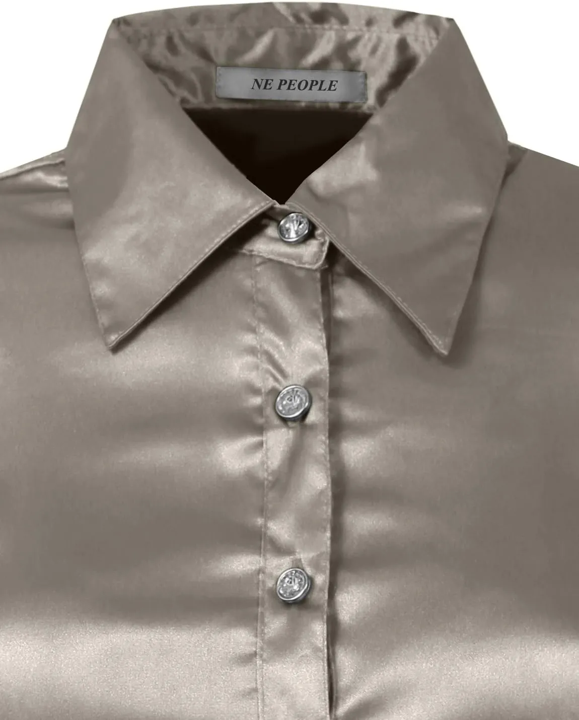 NE PEOPLE Womens Light Weight Long Cuff Sleeve Button Down Satin Shirt (S-3XL)