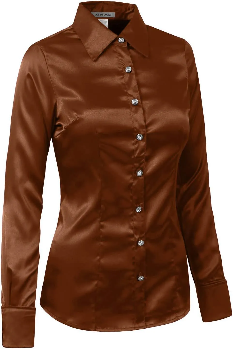 NE PEOPLE Womens Light Weight Long Cuff Sleeve Button Down Satin Shirt (S-3XL)