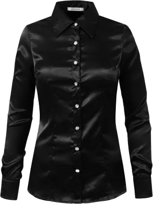 NE PEOPLE Womens Light Weight Long Cuff Sleeve Button Down Satin Shirt (S-3XL)