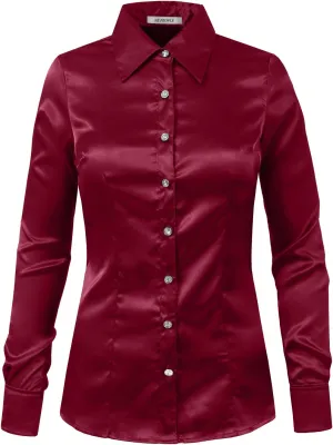 NE PEOPLE Womens Light Weight Long Cuff Sleeve Button Down Satin Shirt (S-3XL)