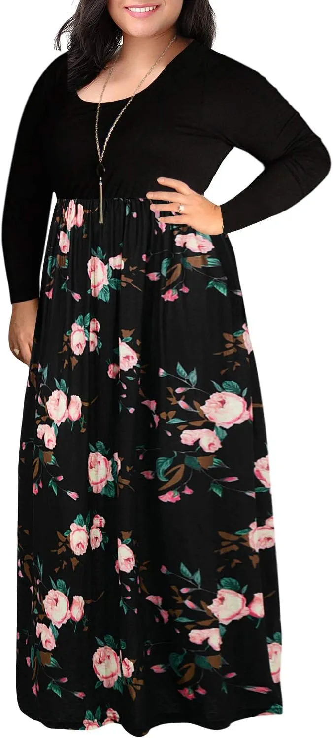 Nemidor Women's Chevron Print Long Sleeve Plus Size Casual Maxi Dress with Pocket