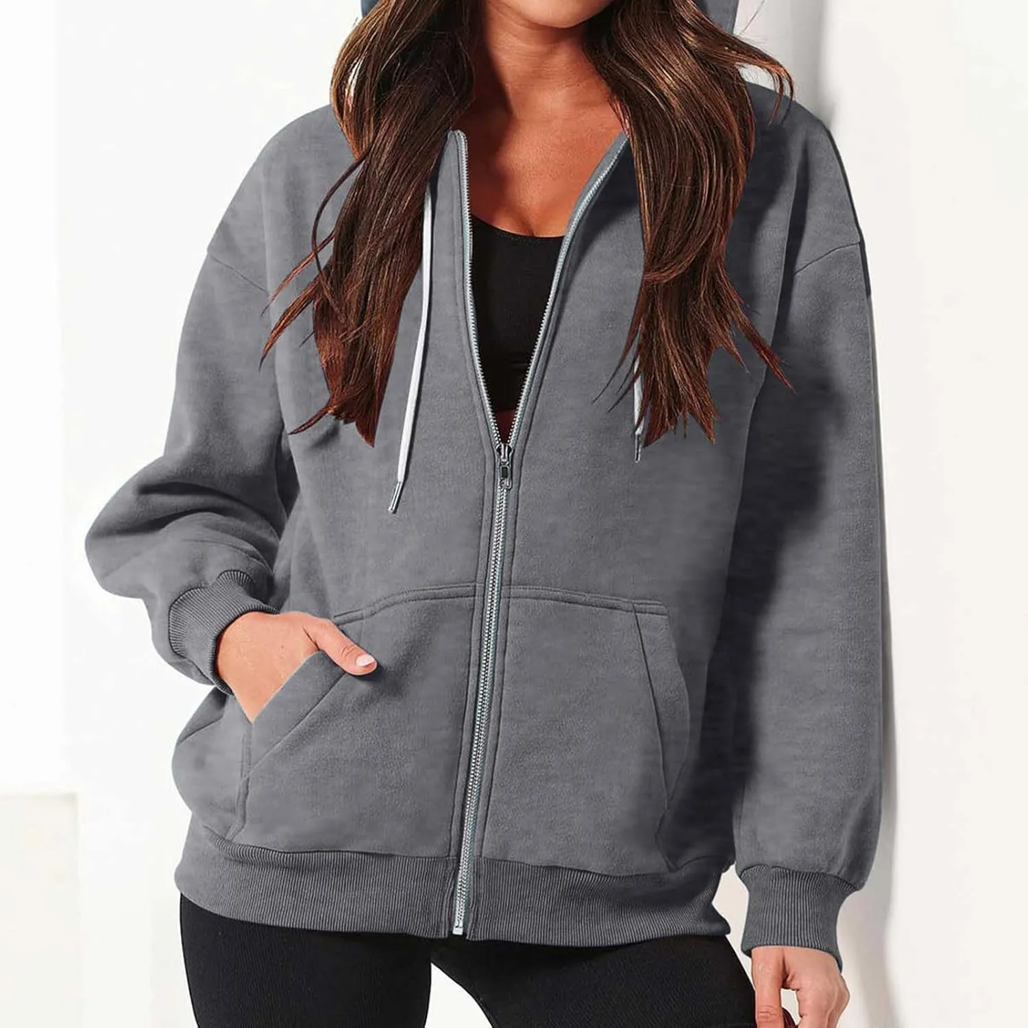 nerohusy Women's Cute Hoodies Girl Fall 2023 Jacket Oversized Sweatshirts Casual Drawstring Zip Up Y2K Hoodie with Pocket