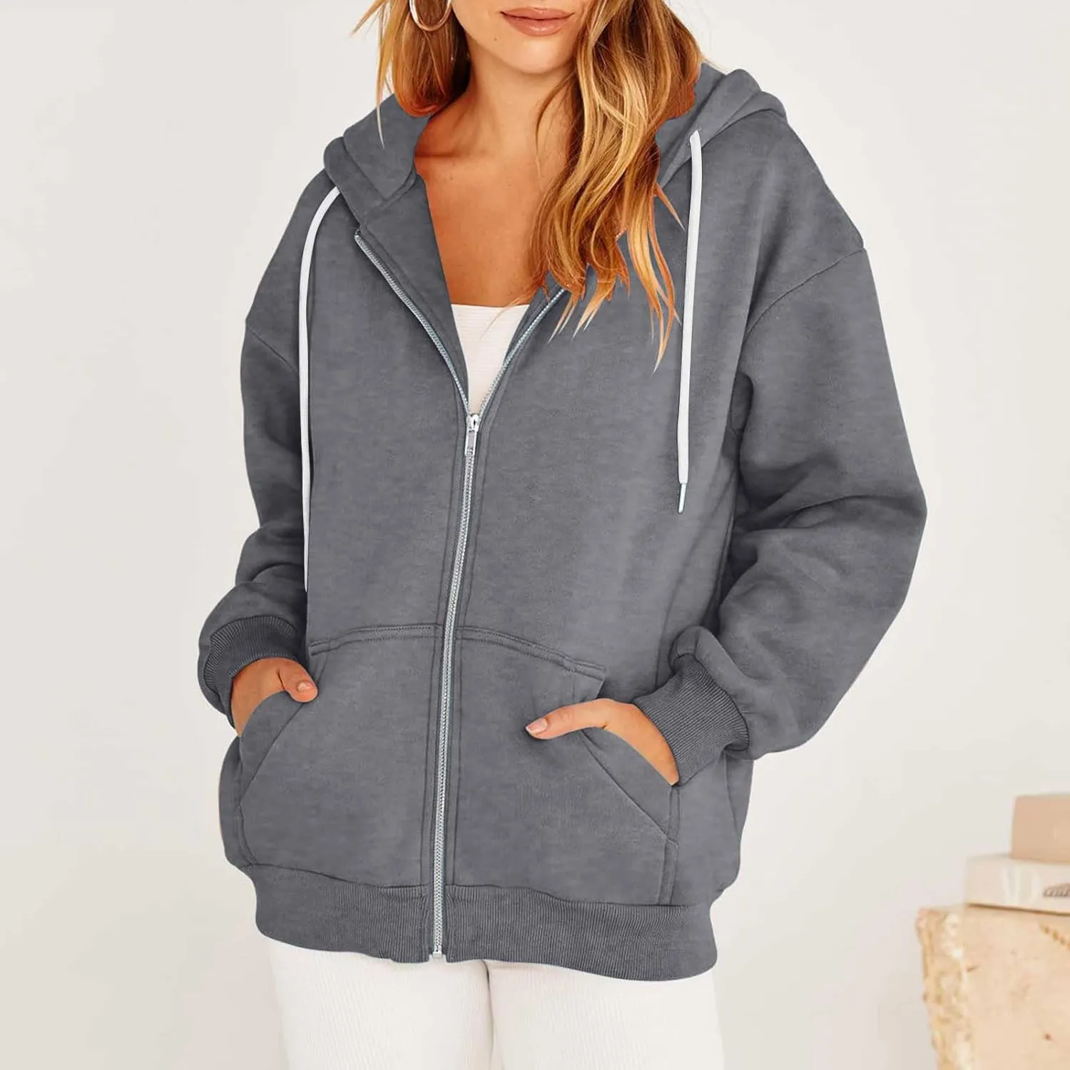 nerohusy Women's Cute Hoodies Girl Fall 2023 Jacket Oversized Sweatshirts Casual Drawstring Zip Up Y2K Hoodie with Pocket