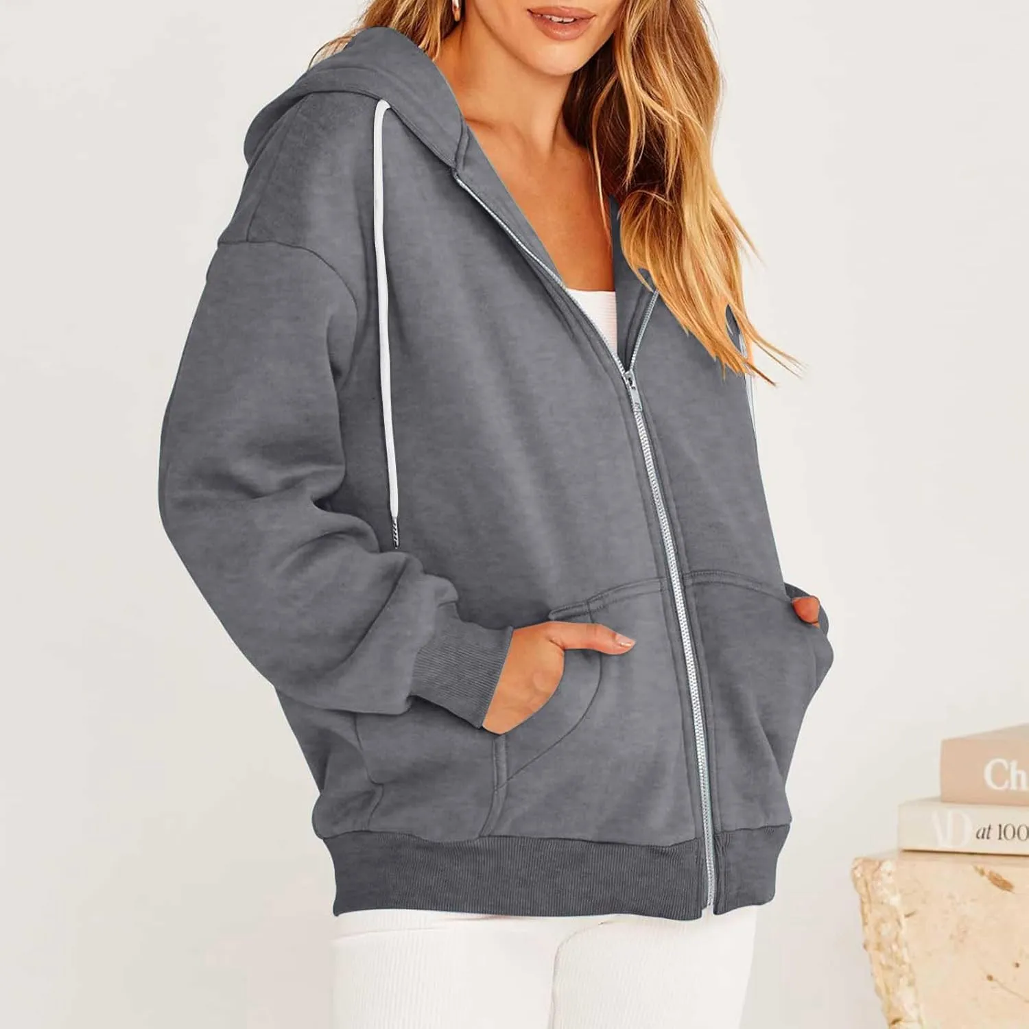 nerohusy Women's Cute Hoodies Girl Fall 2023 Jacket Oversized Sweatshirts Casual Drawstring Zip Up Y2K Hoodie with Pocket