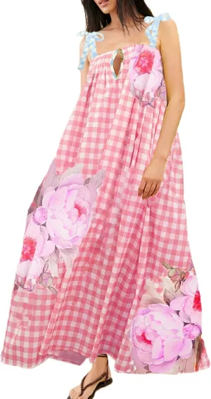 NUFIWI Women Tie Shoulder Graffiti Long Dress Sleeveless Flowy Graphic Maxi Dress Swing Spaghetti Strap Gingham Sundress