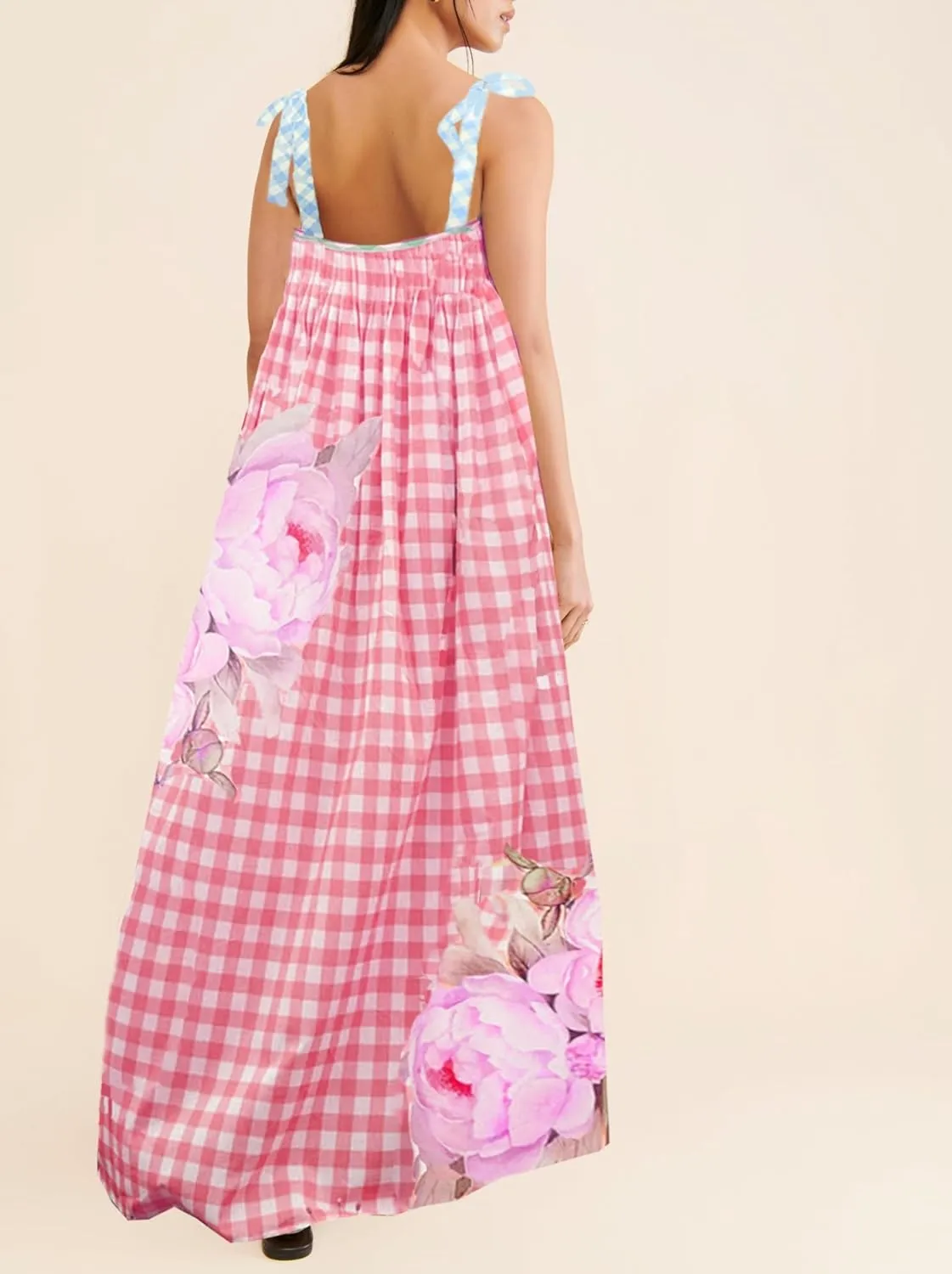 NUFIWI Women Tie Shoulder Graffiti Long Dress Sleeveless Flowy Graphic Maxi Dress Swing Spaghetti Strap Gingham Sundress