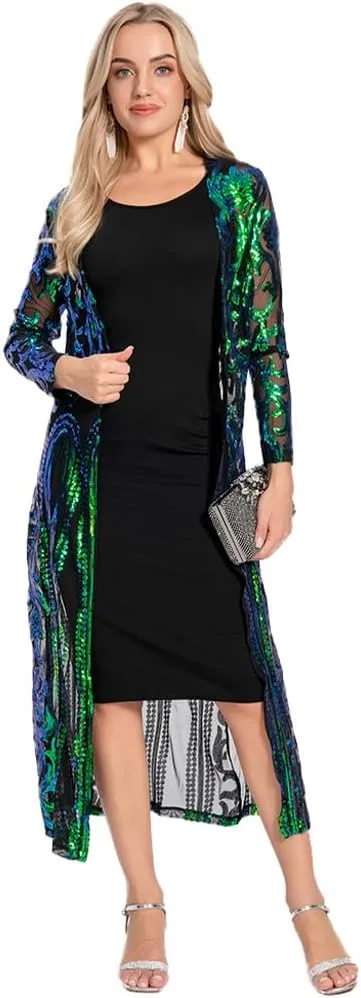 OBEEII Women's Sequin Cardigan Long Sleeve Open Front Sparkly Cardigan Cover up Dress for Christmas Party Evening Prom