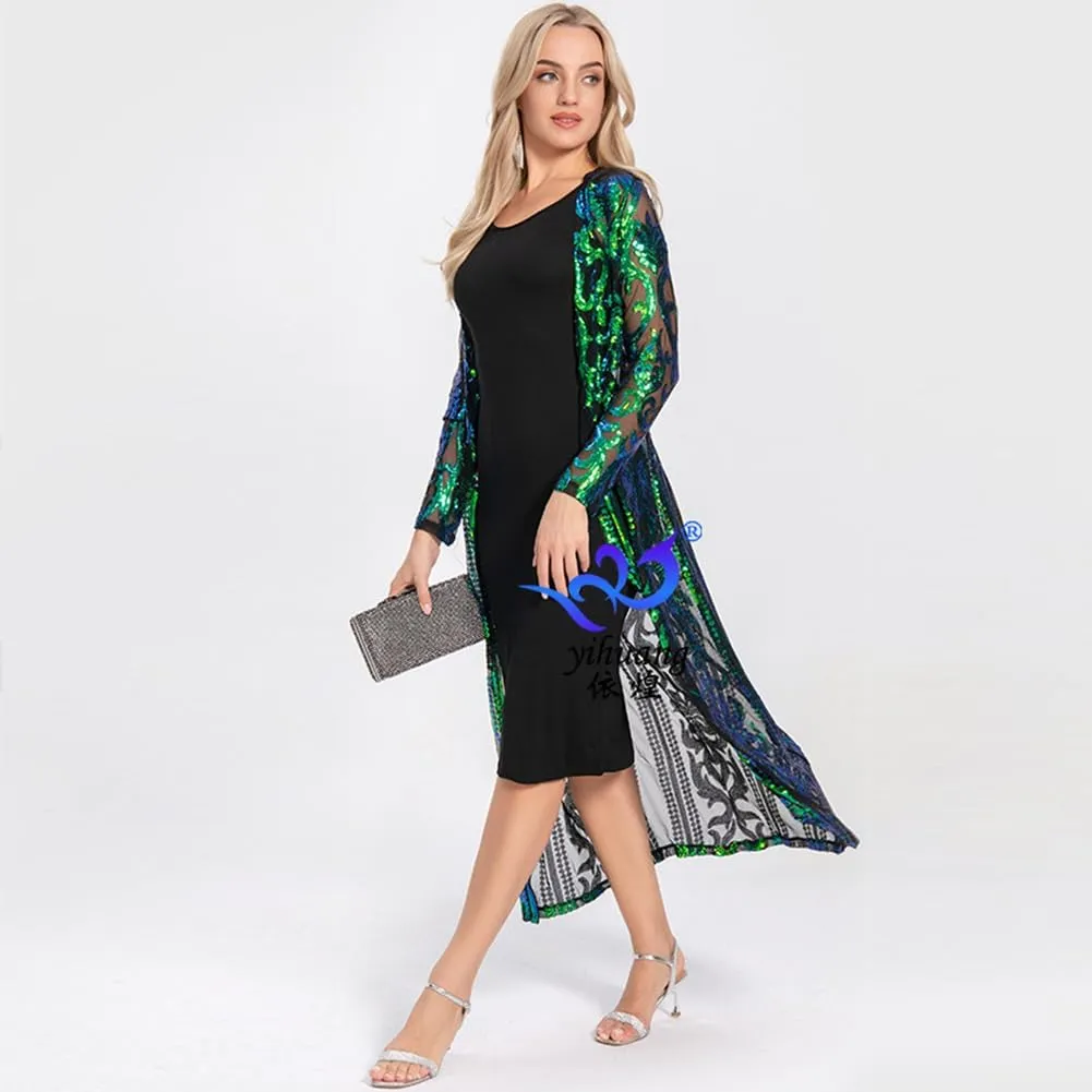 OBEEII Women's Sequin Cardigan Long Sleeve Open Front Sparkly Cardigan Cover up Dress for Christmas Party Evening Prom