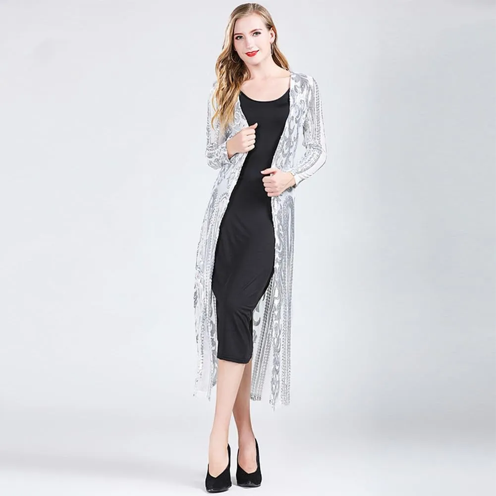 OBEEII Women's Sequin Cardigan Long Sleeve Open Front Sparkly Cardigan Cover up Dress for Christmas Party Evening Prom