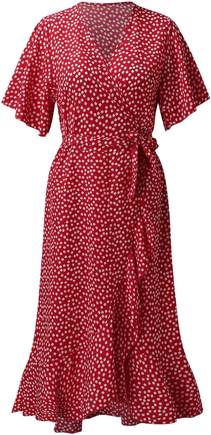 Ollysqiar Dresses Women's 2023 Floral Summer Dress Wrap V Neck Short Sleeve Belted Ruffle Hem A-Line Bohemian Dresses A02 4