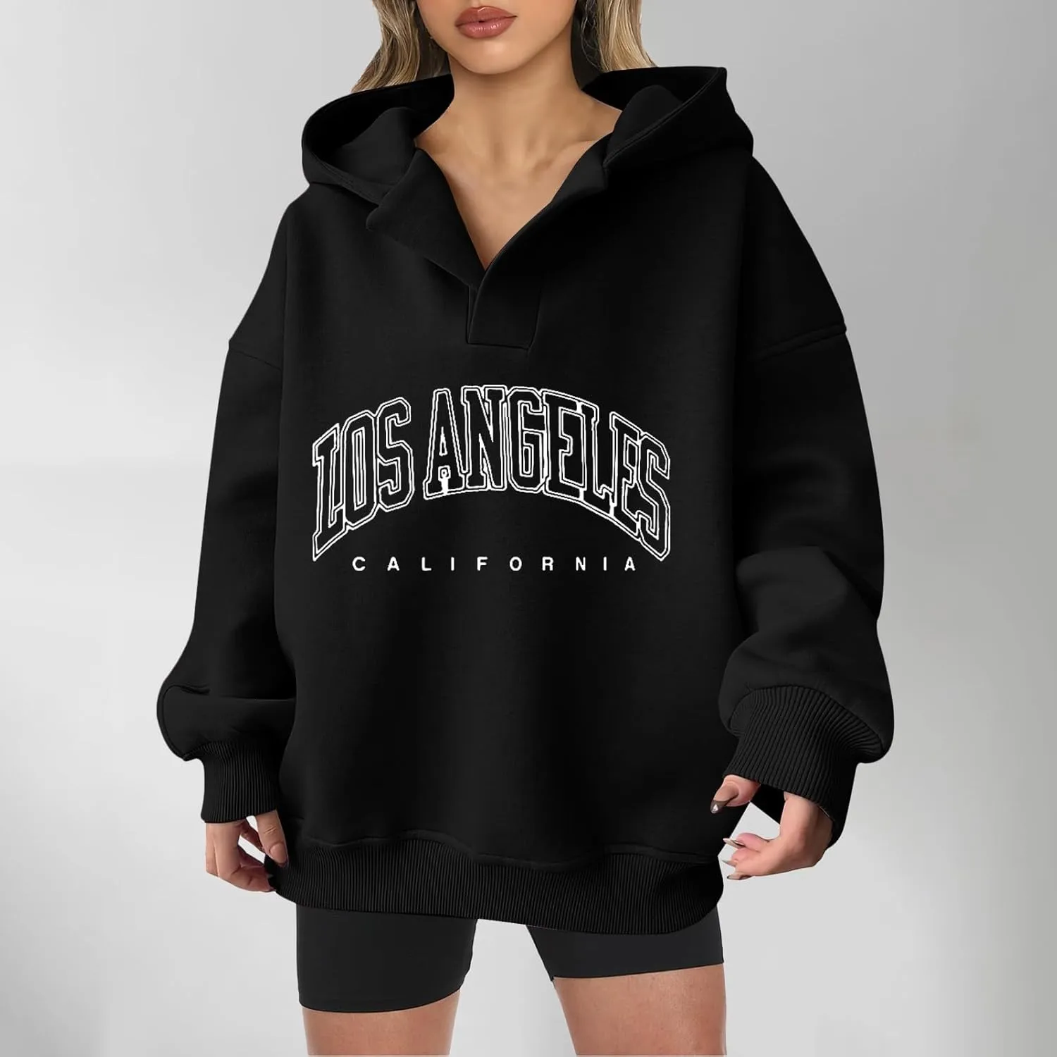 Oversized Hoodies for Women 2024 Long Sleeve V Neck Letter Printing Sweatshirts Fall Fashion Classic Pullover