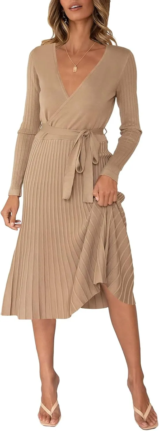 Pink Queen Women's Wrap Sweater Dress V Neck Long Sleeve Ribbed Swing Knit Midi Dresses with Belt