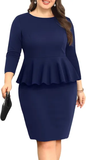 Pinup Fashion Business Dresses for Woman Plus Size - Church Work Office Peplum Pencil Boat Neck Knee Length Dress