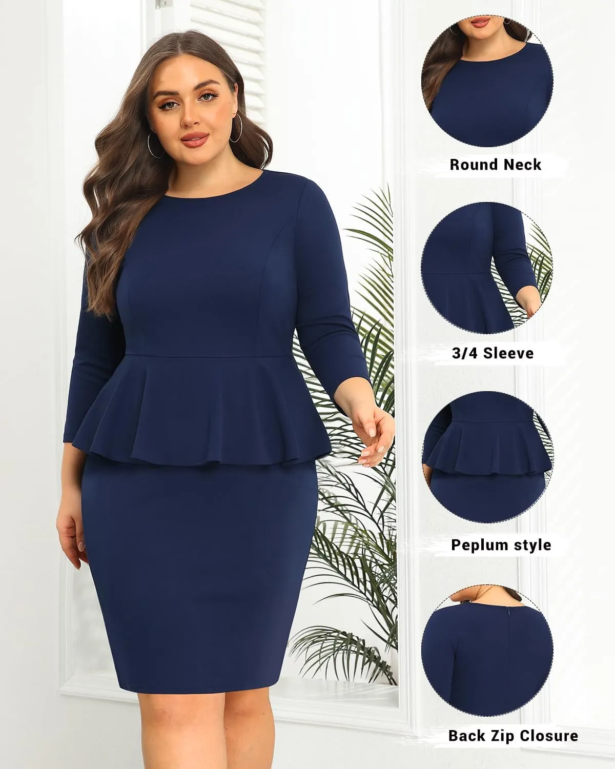 Pinup Fashion Business Dresses for Woman Plus Size - Church Work Office Peplum Pencil Boat Neck Knee Length Dress