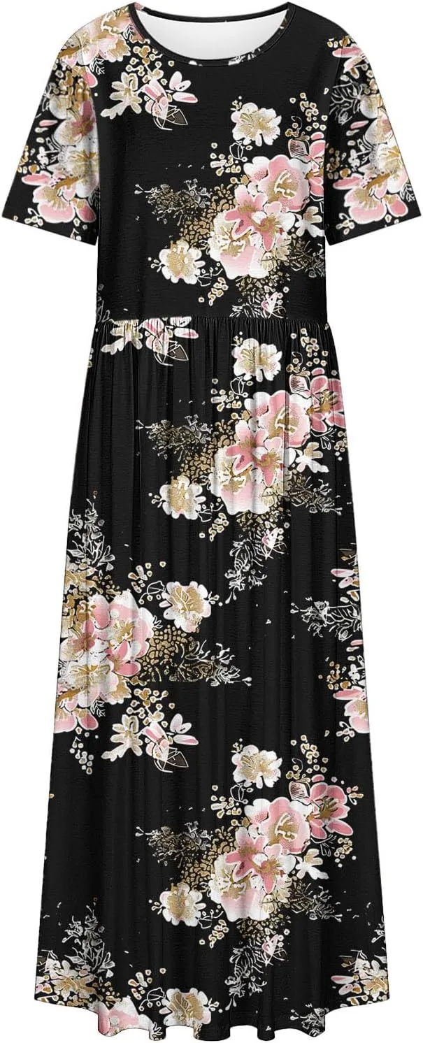 Plus Size Beach Dresses for Women 2024 Vacation Printed Sundresses Midi Flowy Casual Floral Long Outfit Short Sleeve