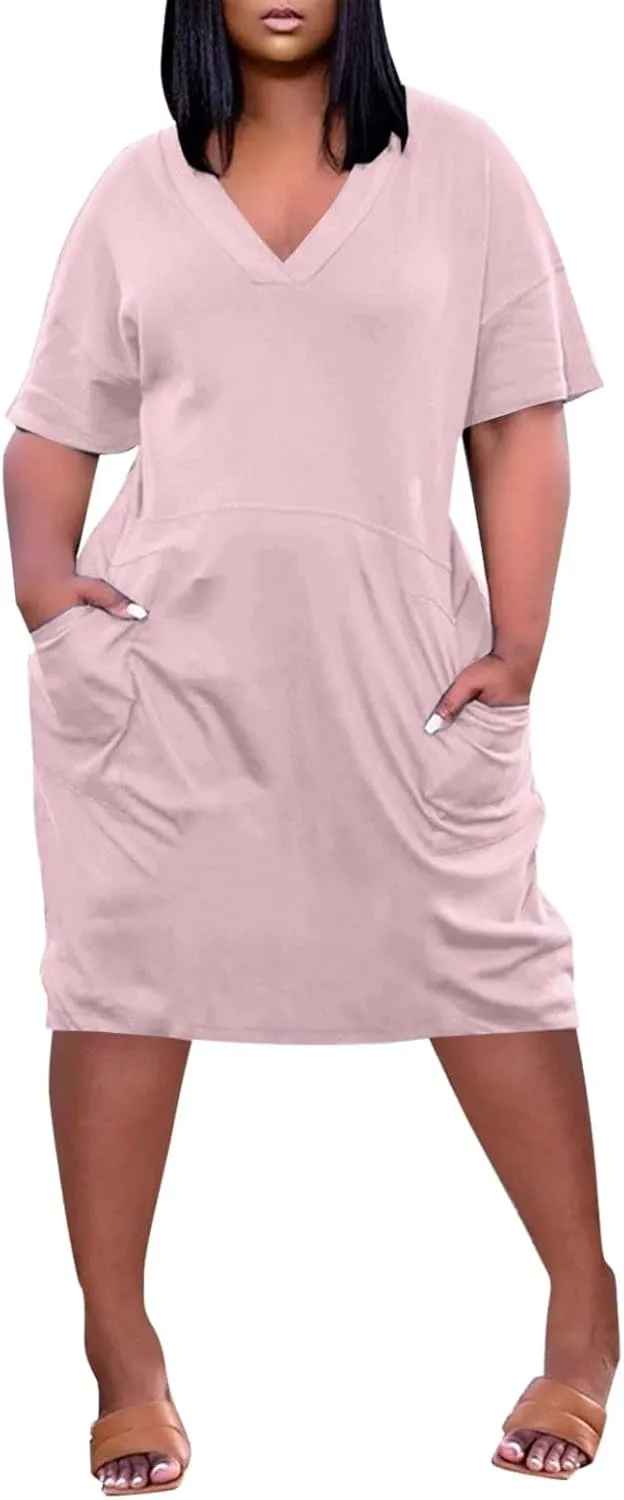 Plus Size Dresses for Curvy Women Short Sleeve V Neck T Shirt Dresses Casual Plain Midi Resort Dress with Pockets