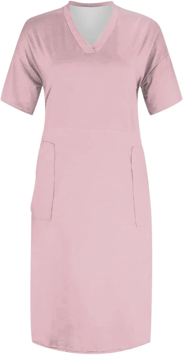Plus Size Dresses for Curvy Women Short Sleeve V Neck T Shirt Dresses Casual Plain Midi Resort Dress with Pockets