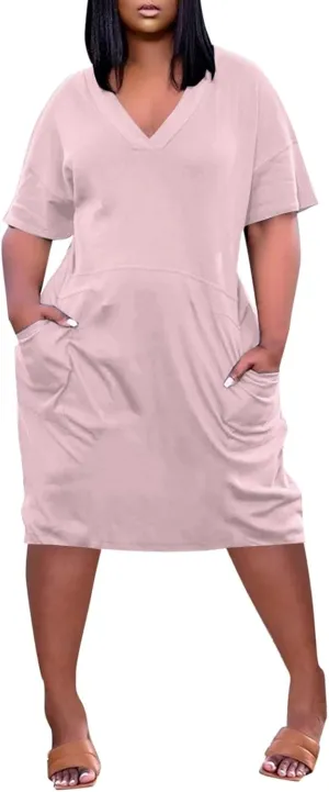 Plus Size Dresses for Curvy Women Short Sleeve V Neck T Shirt Dresses Casual Plain Midi Resort Dress with Pockets