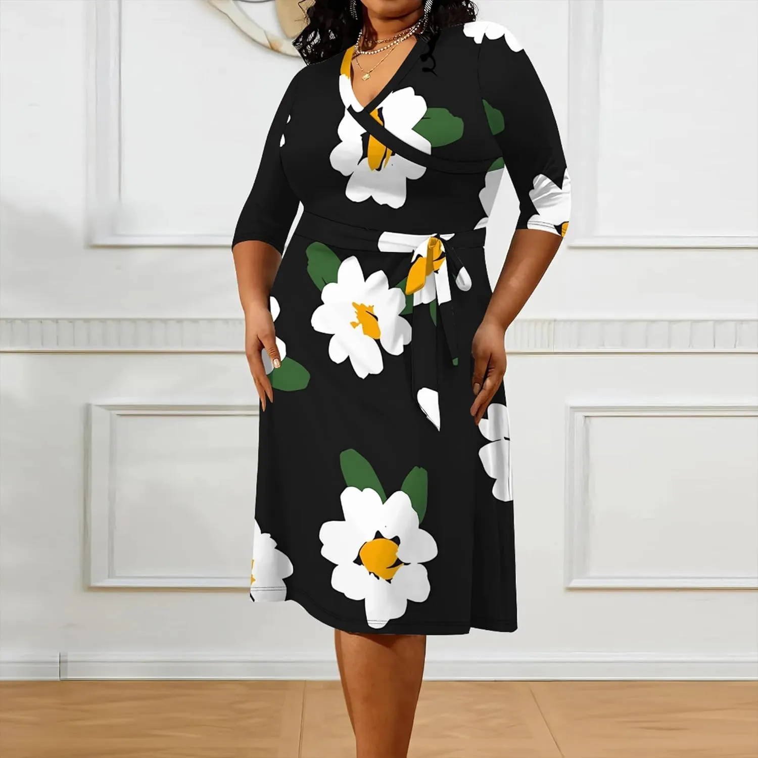 Plus Size Wedding Guest Midi Dresses for Curvy Women 3/4 Sleeves V Neck Floral Printed Cocktail Party Dresses with Belt