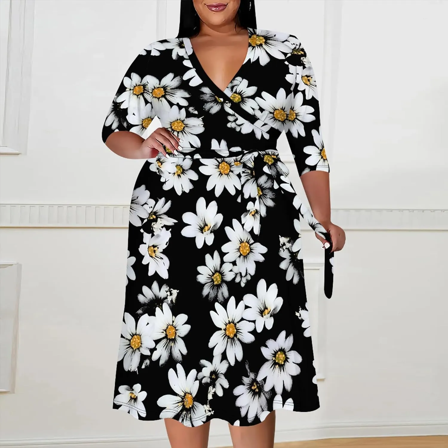 Plus Size Wedding Guest Midi Dresses for Curvy Women 3/4 Sleeves V Neck Floral Printed Cocktail Party Dresses with Belt