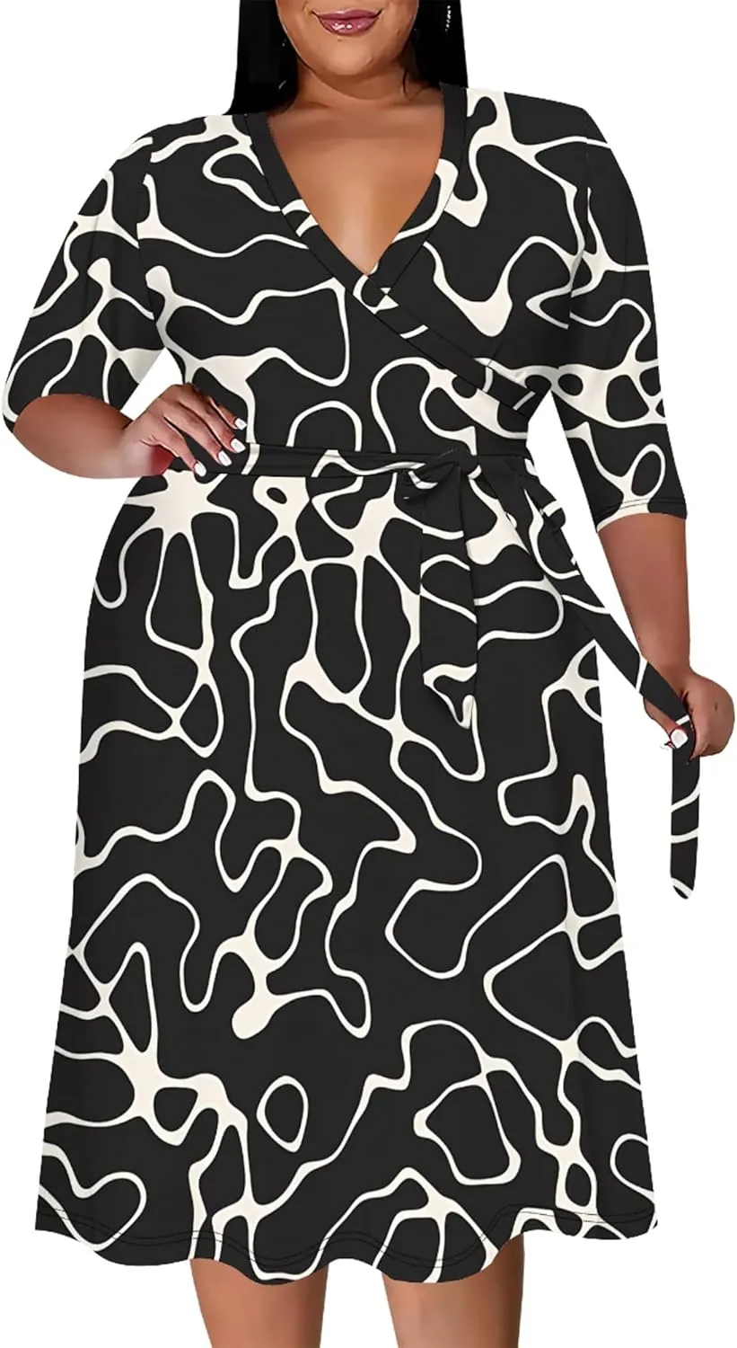 Plus Size Wedding Guest Midi Dresses for Curvy Women 3/4 Sleeves V Neck Floral Printed Cocktail Party Dresses with Belt