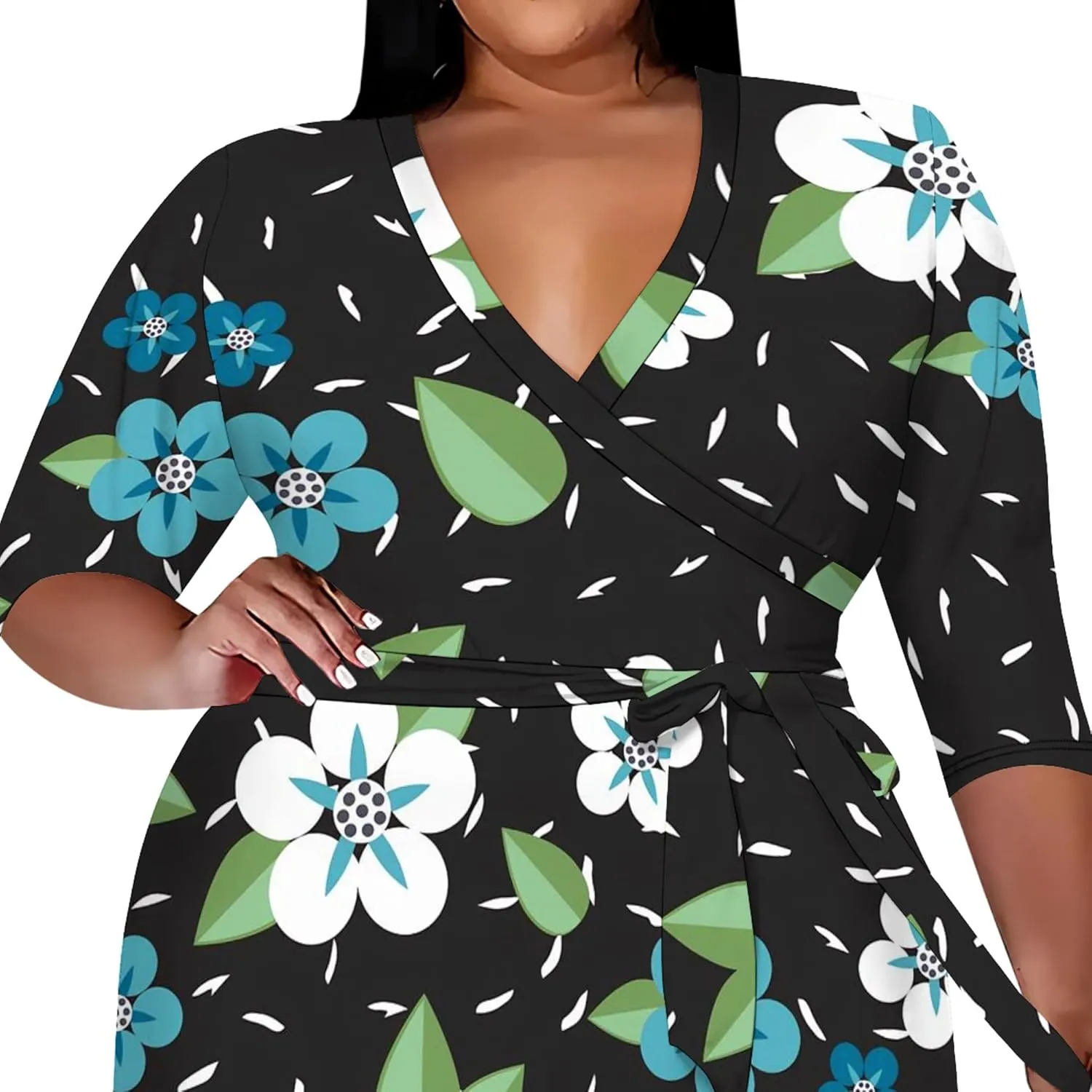 Plus Size Wedding Guest Midi Dresses for Curvy Women 3/4 Sleeves V Neck Floral Printed Cocktail Party Dresses with Belt