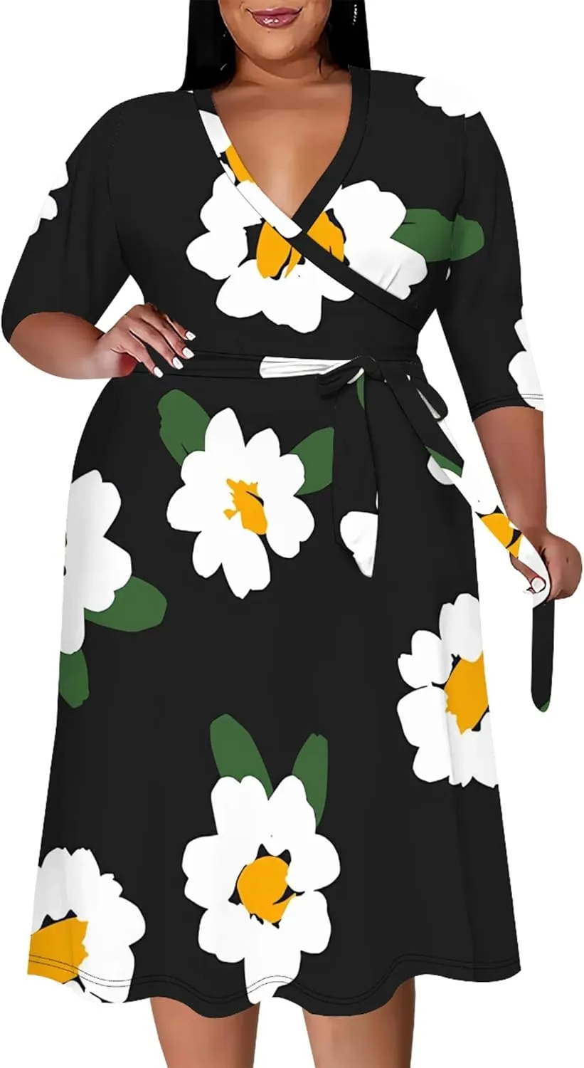 Plus Size Wedding Guest Midi Dresses for Curvy Women 3/4 Sleeves V Neck Floral Printed Cocktail Party Dresses with Belt