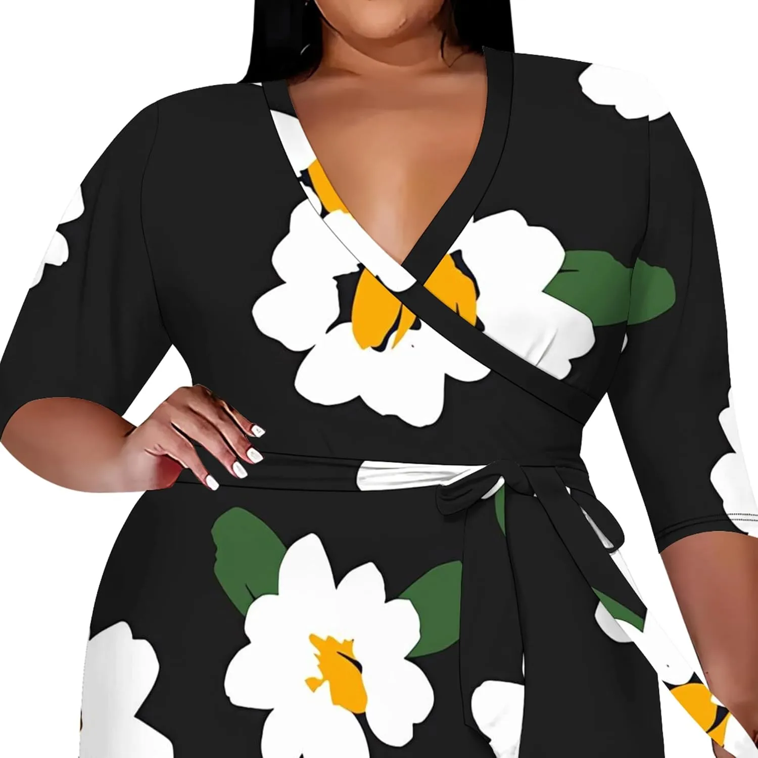 Plus Size Wedding Guest Midi Dresses for Curvy Women 3/4 Sleeves V Neck Floral Printed Cocktail Party Dresses with Belt