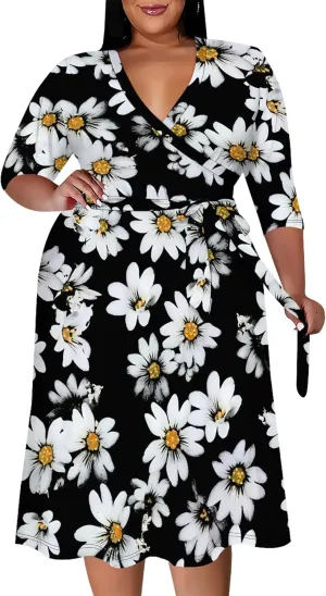 Plus Size Wedding Guest Midi Dresses for Curvy Women 3/4 Sleeves V Neck Floral Printed Cocktail Party Dresses with Belt