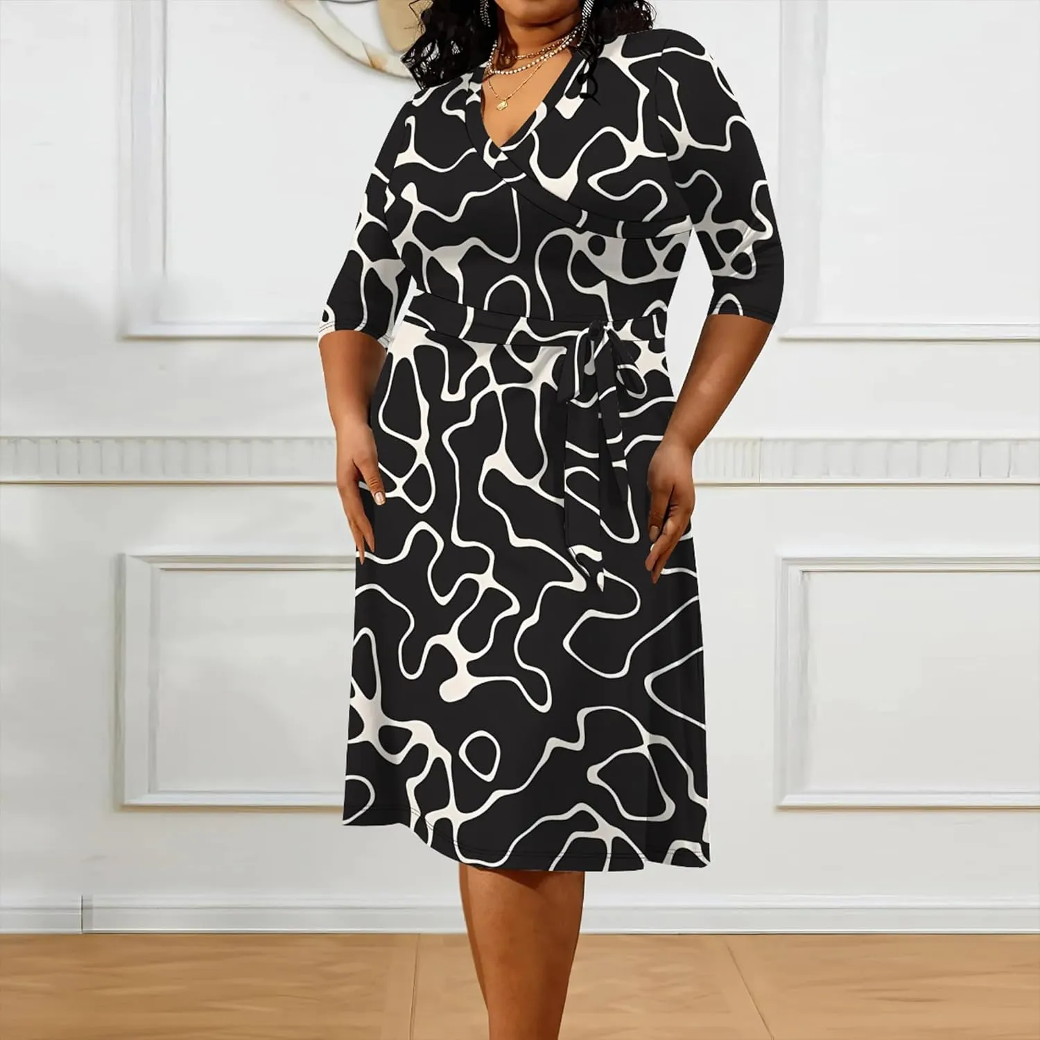 Plus Size Wedding Guest Midi Dresses for Curvy Women 3/4 Sleeves V Neck Floral Printed Cocktail Party Dresses with Belt