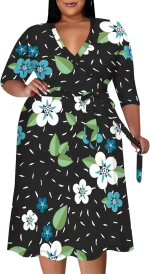 Plus Size Wedding Guest Midi Dresses for Curvy Women 3/4 Sleeves V Neck Floral Printed Cocktail Party Dresses with Belt