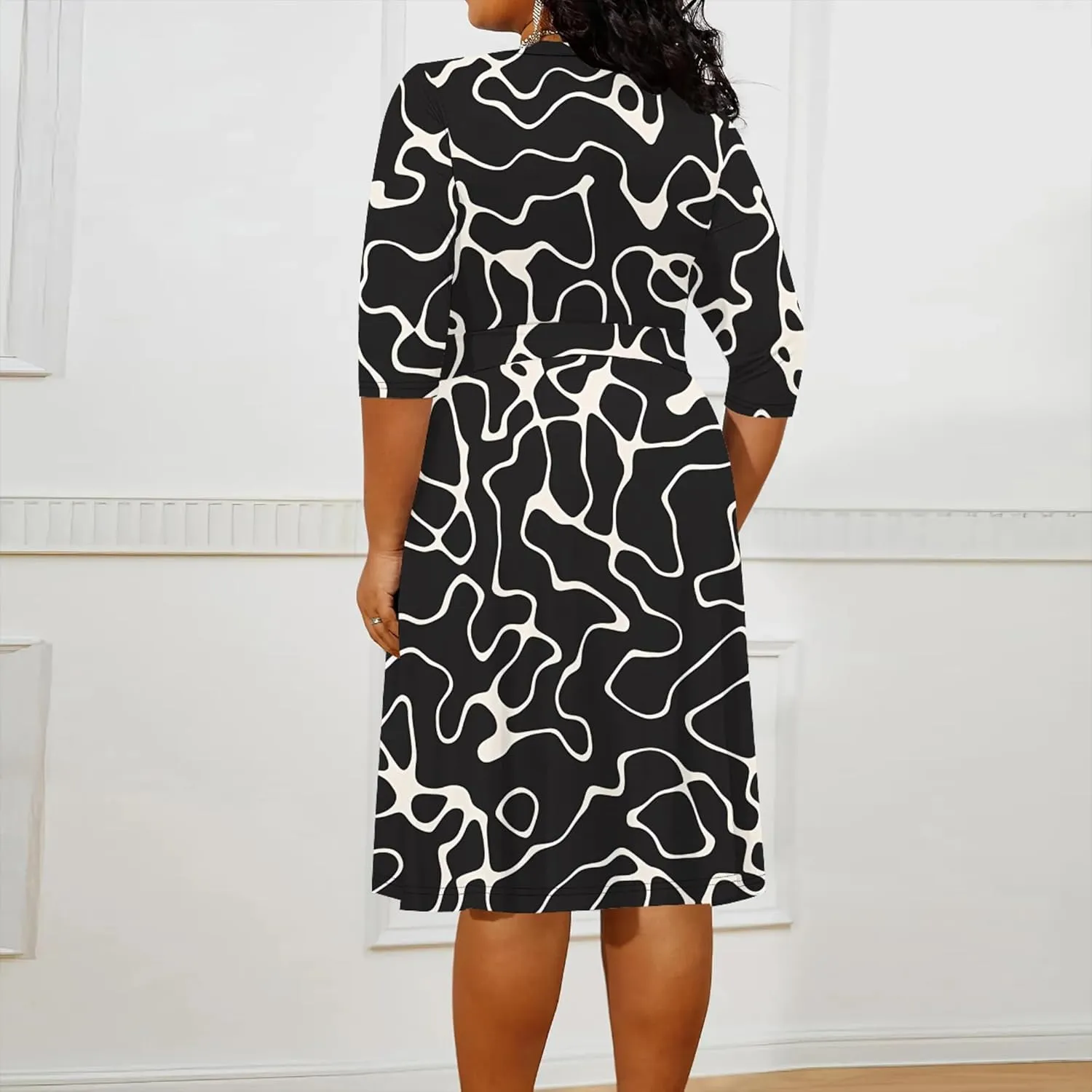 Plus Size Wedding Guest Midi Dresses for Curvy Women 3/4 Sleeves V Neck Floral Printed Cocktail Party Dresses with Belt