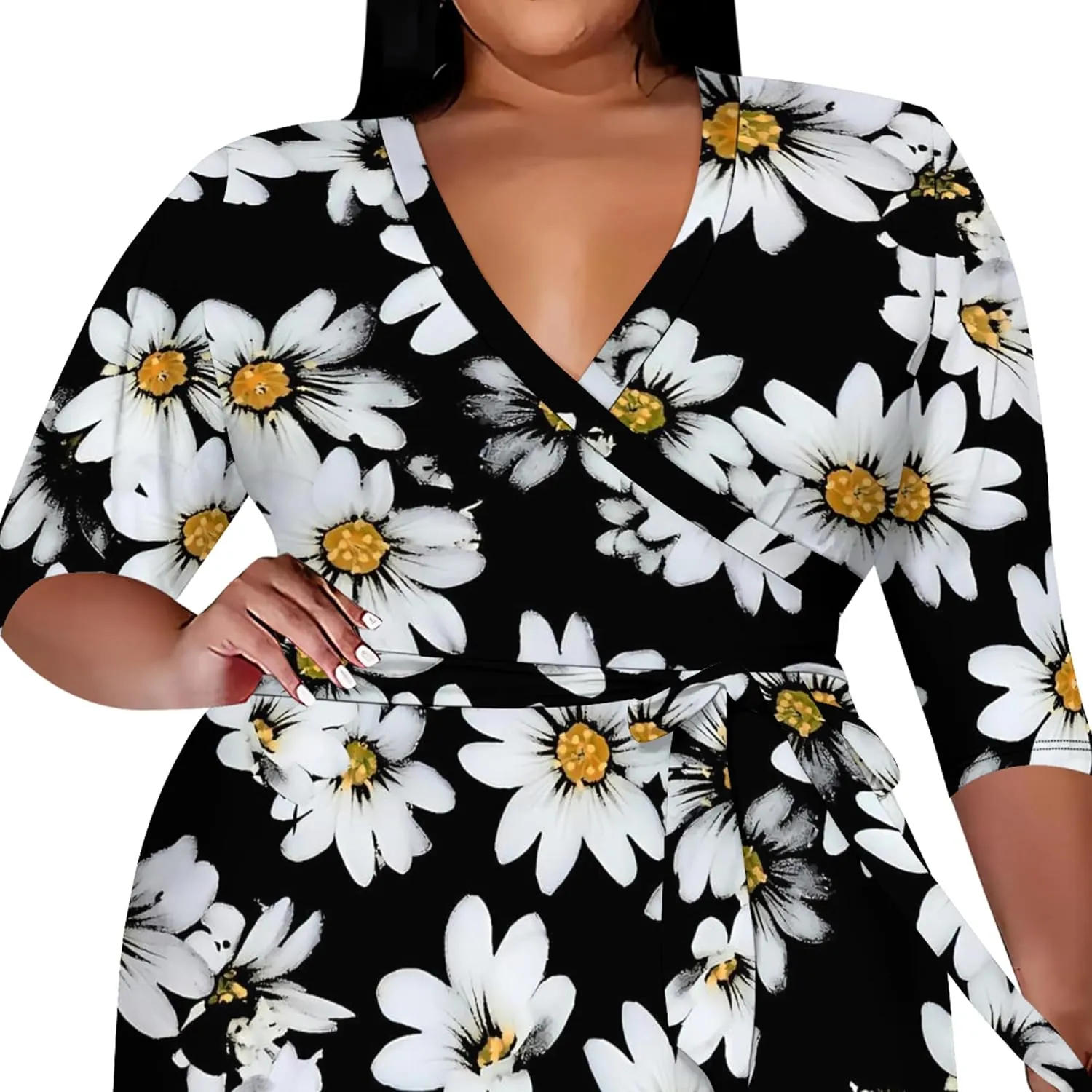 Plus Size Wedding Guest Midi Dresses for Curvy Women 3/4 Sleeves V Neck Floral Printed Cocktail Party Dresses with Belt