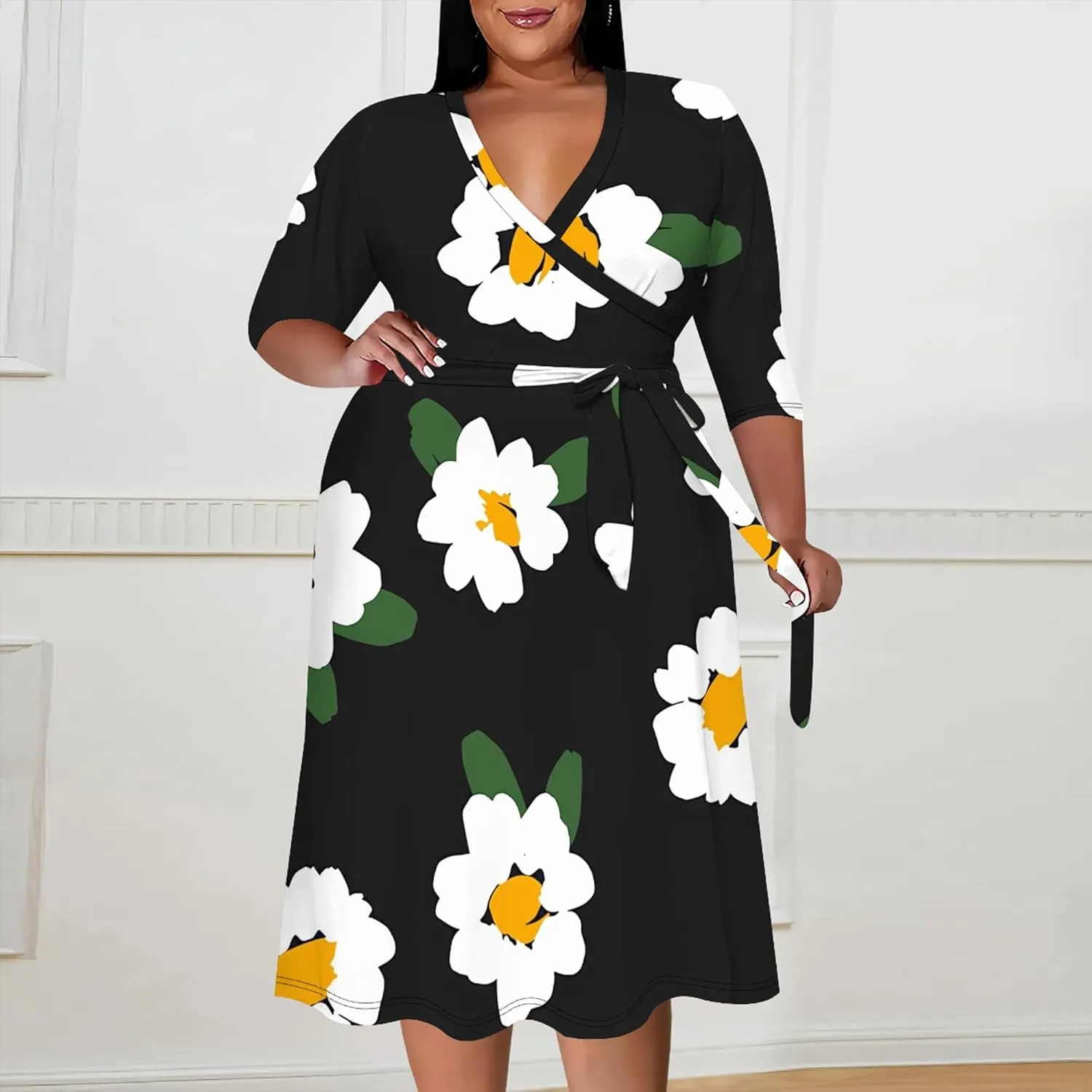 Plus Size Wedding Guest Midi Dresses for Curvy Women 3/4 Sleeves V Neck Floral Printed Cocktail Party Dresses with Belt