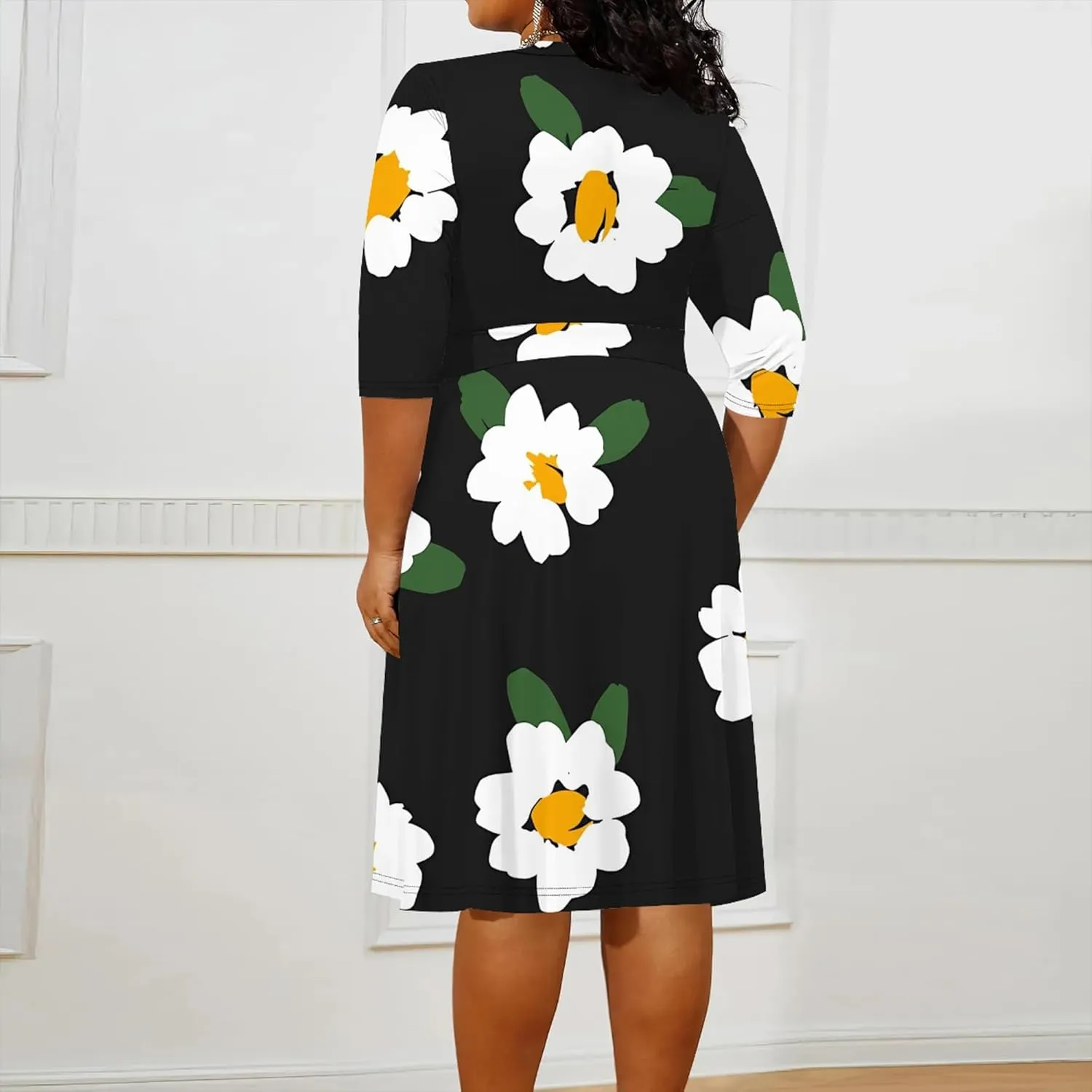Plus Size Wedding Guest Midi Dresses for Curvy Women 3/4 Sleeves V Neck Floral Printed Cocktail Party Dresses with Belt