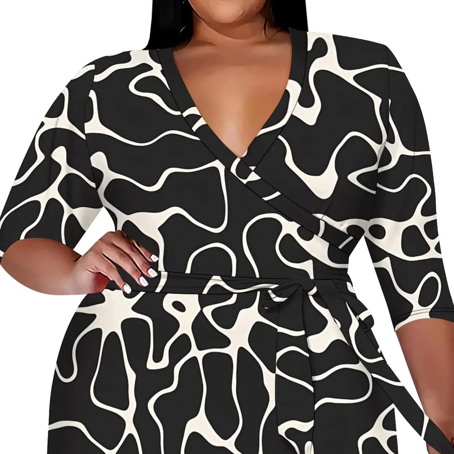Plus Size Wedding Guest Midi Dresses for Curvy Women 3/4 Sleeves V Neck Floral Printed Cocktail Party Dresses with Belt