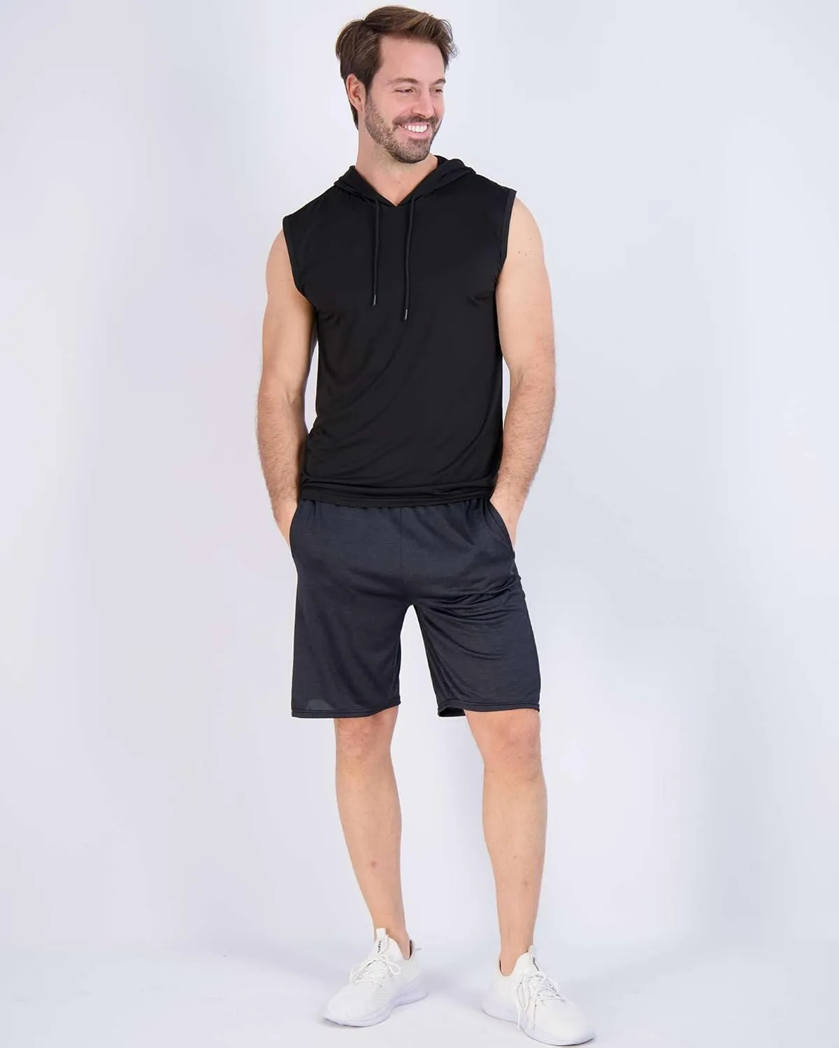 Real Essentials 3 Pack: Mens Dry-Fit Active Hooded Tank Top - Workout Sleeveless Hoodie Drawstring (Available in Big & Tall)