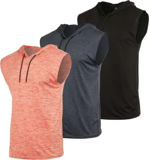 Real Essentials 3 Pack: Mens Dry-Fit Active Hooded Tank Top - Workout Sleeveless Hoodie Drawstring (Available in Big & Tall)