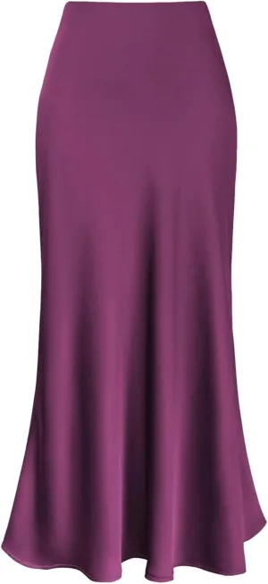 Satin Pencil Skirts for Women Midi Length High Waisted Skirt Trendy Flowy Flared A-Line Skirts Casual Bodycon Business Skirt