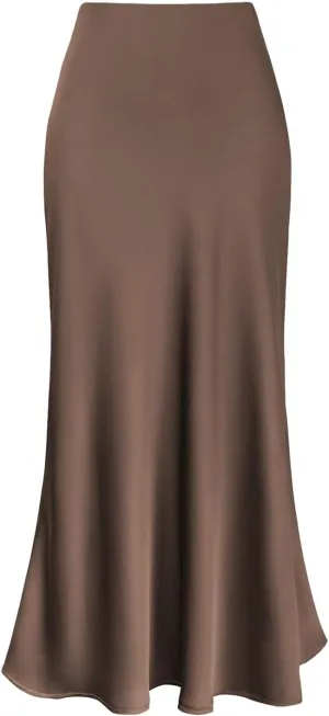 Satin Pencil Skirts for Women Midi Length High Waisted Skirt Trendy Flowy Flared A-Line Skirts Casual Bodycon Business Skirt